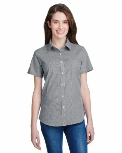 Ladies' Microcheck Gingham Short-Sleeve Cotton Shirt